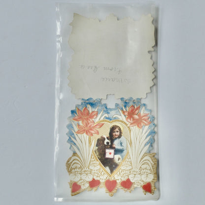 Vintage Valentine Card Girl Dog Little Maiden Beau