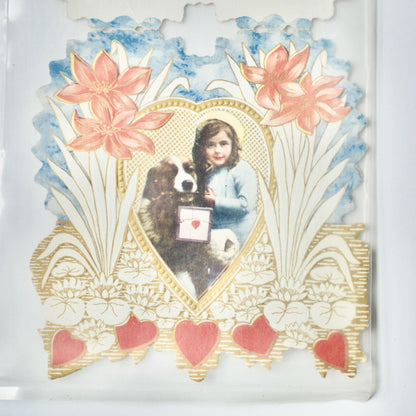 Vintage Valentine Card Girl Dog Little Maiden Beau