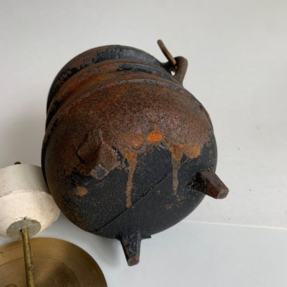 Vintage Cast Iron Fire Starter Pot Reproduction Brass Lid Pumice Wand