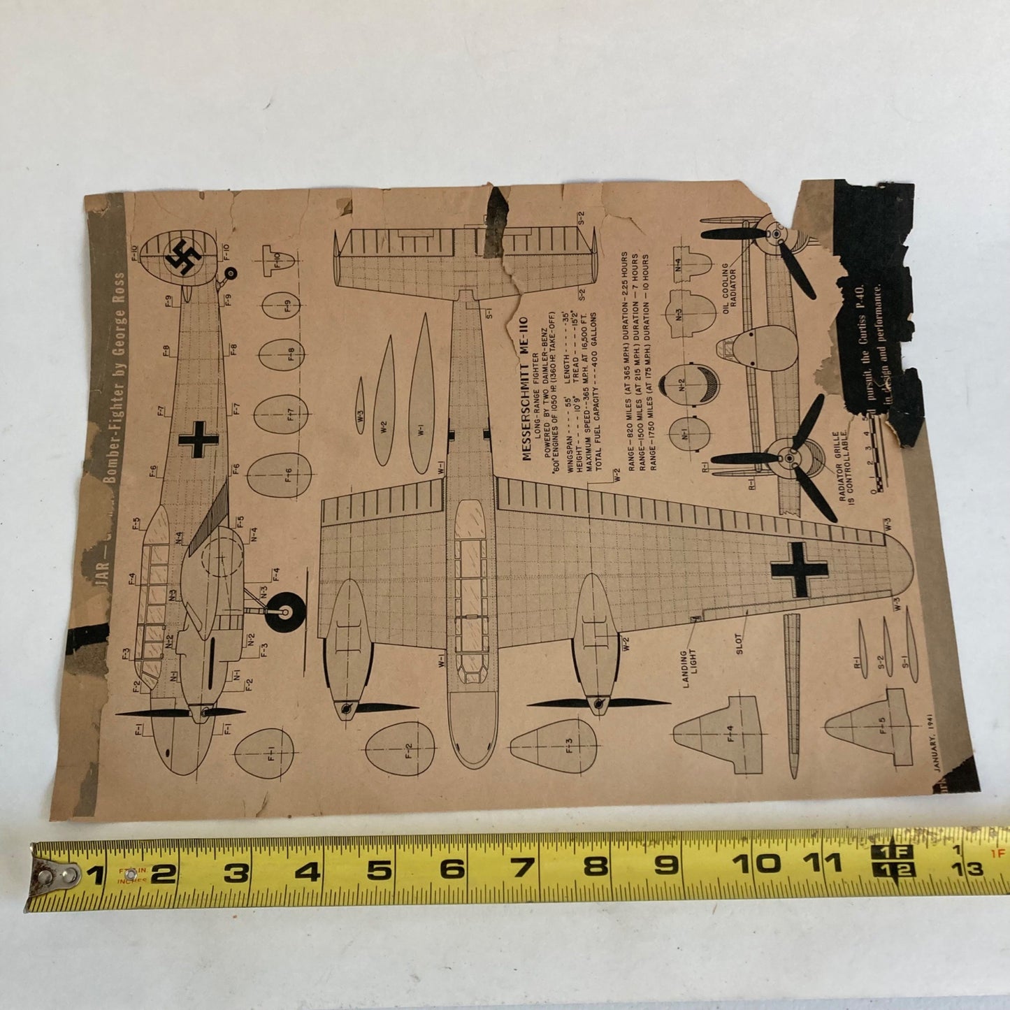 Vintage 1941 George Ross Bomber Fighter Airplane Kit INSTRUCTIONS Messerschmitt