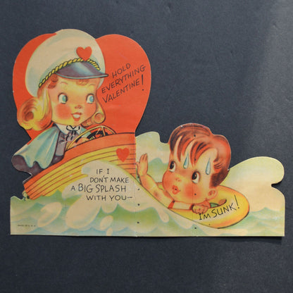 Hold Everything Valentine Vintage Card Boy Girl Ship Sinking