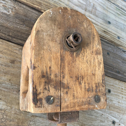 Vintage Wood Single Pulley w/ Hook Block & Tackle Steampunk Farm Tool