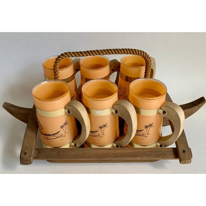 Siesta Ware Vintage Peach Glasses Set of 6 With Canoe Outrigger Carrier Wooden Tiki