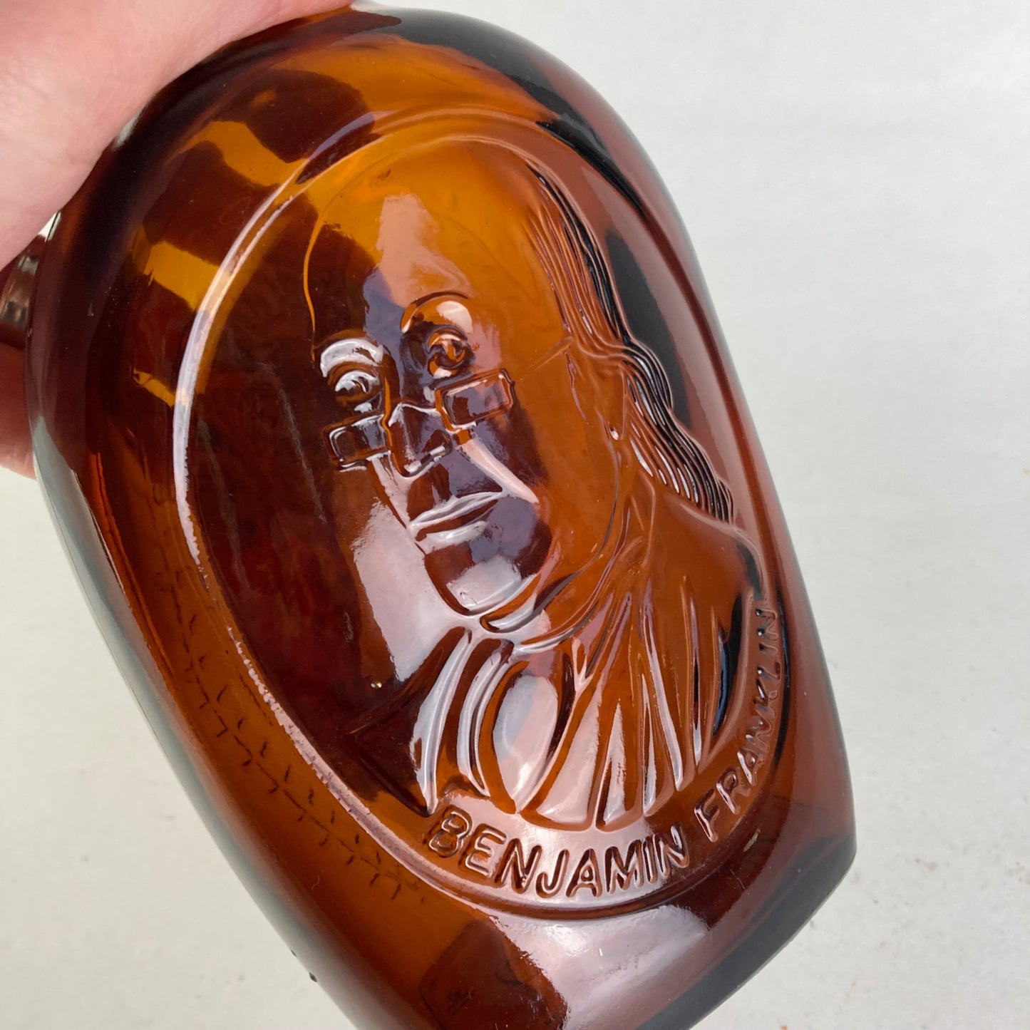 Vintage Log Cabin Glass Syrup Bottle Benjamin Franklin Special Collector's Flask