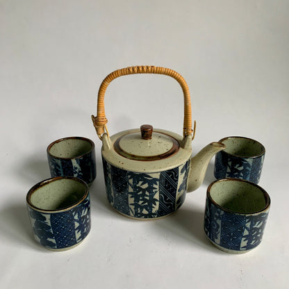 Takahashi Japan Vintage Gray Speckled Blue Bamboo Print Teapot 4 Cups Set