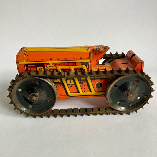 Vintage Marx Tin Litho Bulldozer Wind-up Toy Orange Tested & WORKS!
