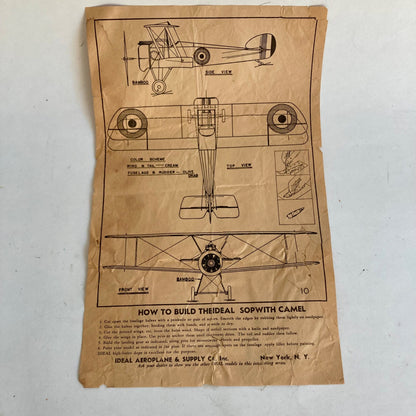 Vintage Ideal Aeroplane & Supply Co Sopwith Camel INSTRUCTIONS PLANS Antique