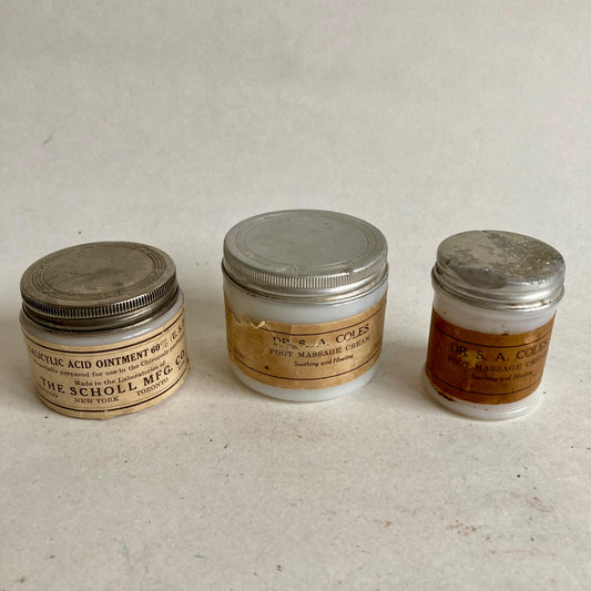 Lot 3 Vintage Medicine Jars Acid Ointment Scholl & Dr. Coles Foot Massage Cream