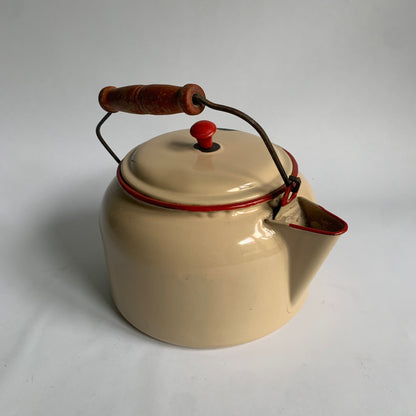Vintage Enameled Tea Kettle Beige Red Wooden Handle Enamelware