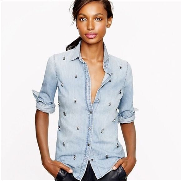 J Crew Chambray Jeweled Denim Shirt Size 2