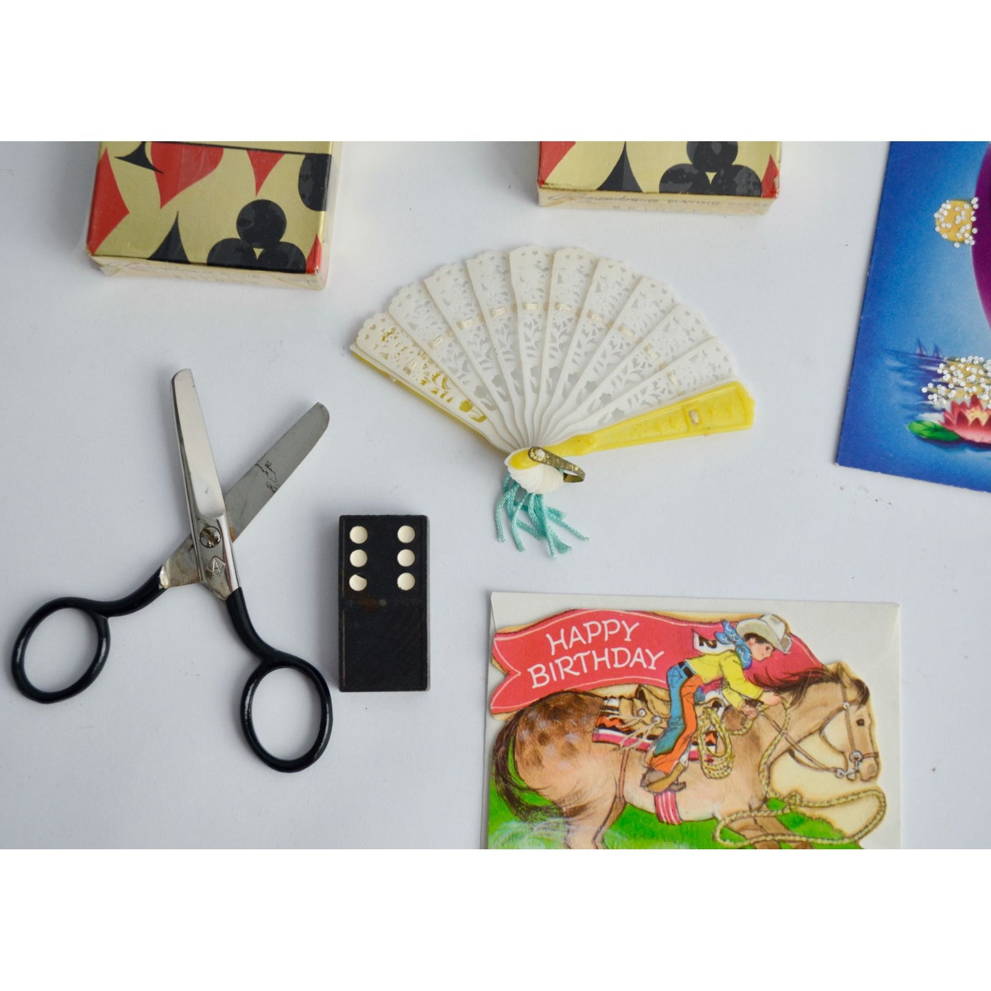 VINTAGE Junk Drawer Lot Playing Cards Sealed Scissors Fan Cards Domino