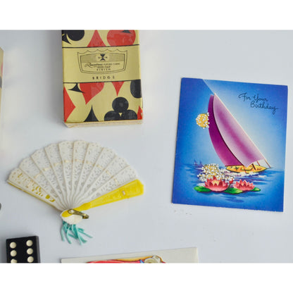 VINTAGE Junk Drawer Lot Playing Cards Sealed Scissors Fan Cards Domino