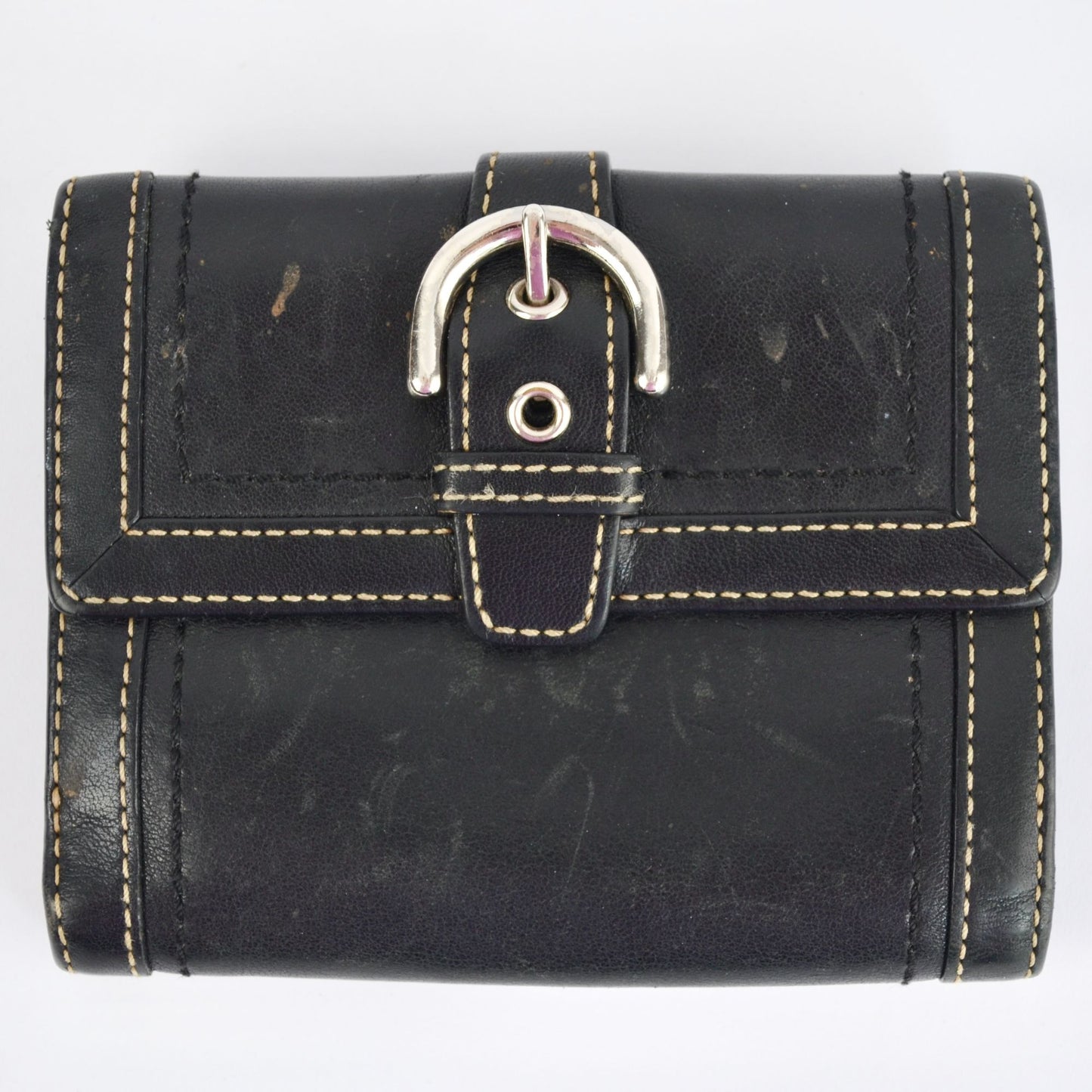 Coach Vintage Black Leather Bifold Wallet Visible Stitching Nickel Hardware Soho Y2K