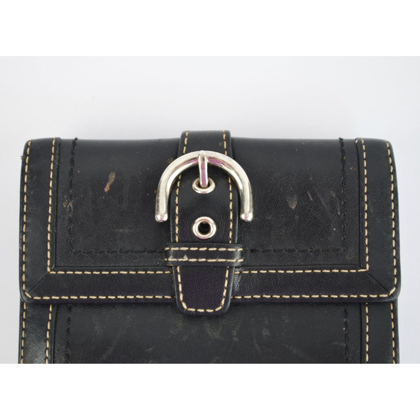 Coach Vintage Black Leather Bifold Wallet Visible Stitching Nickel Hardware Soho Y2K