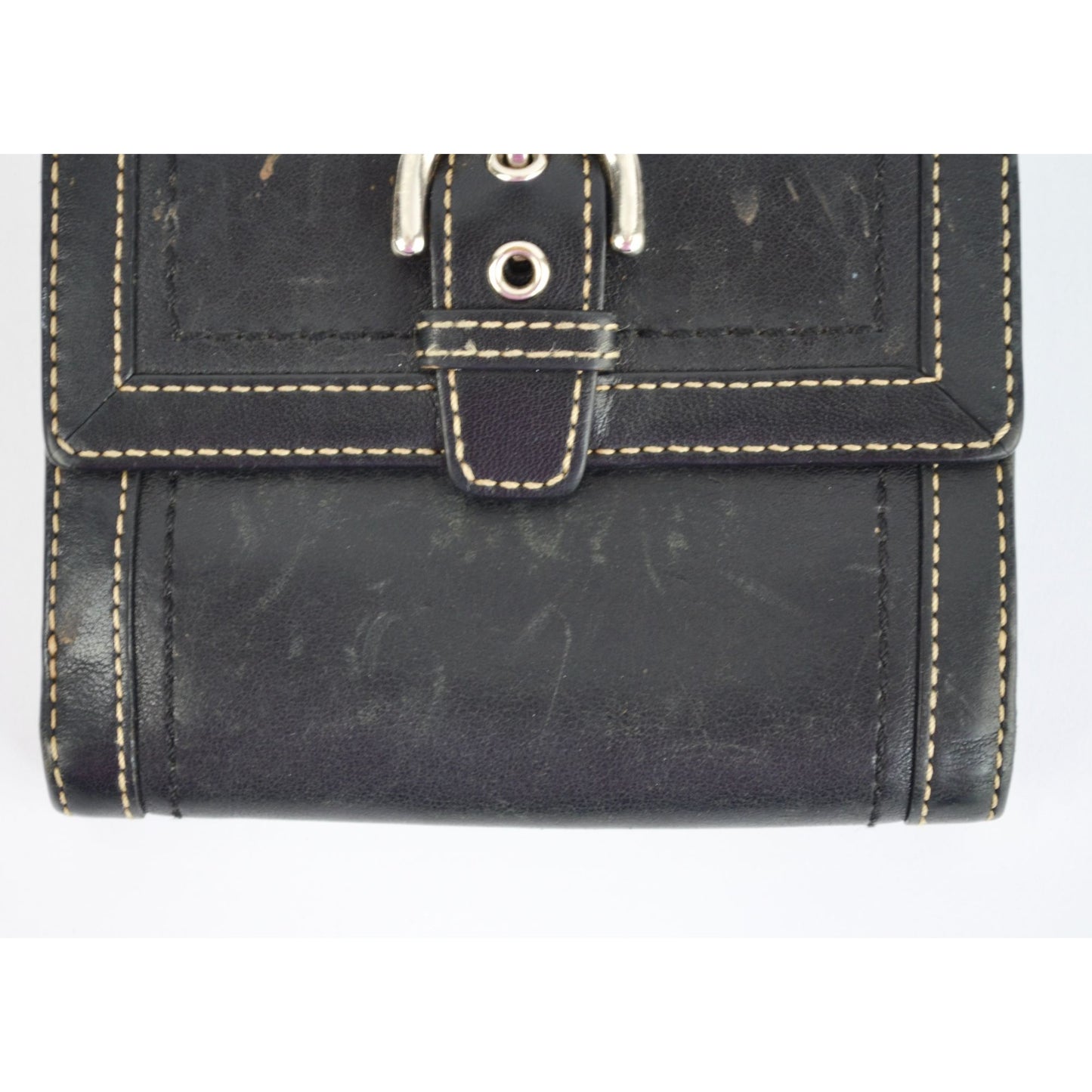 Coach Vintage Black Leather Bifold Wallet Visible Stitching Nickel Hardware Soho Y2K