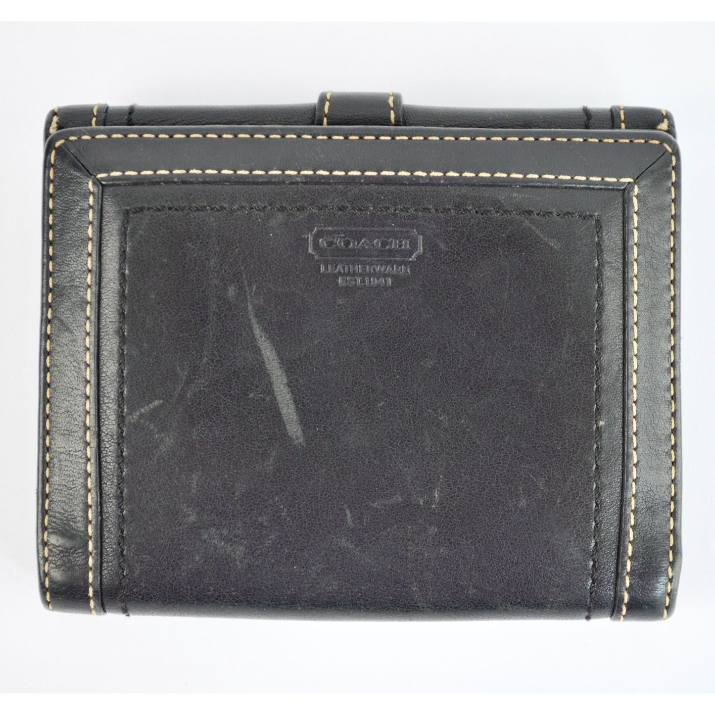 Coach Vintage Black Leather Bifold Wallet Visible Stitching Nickel Hardware Soho Y2K