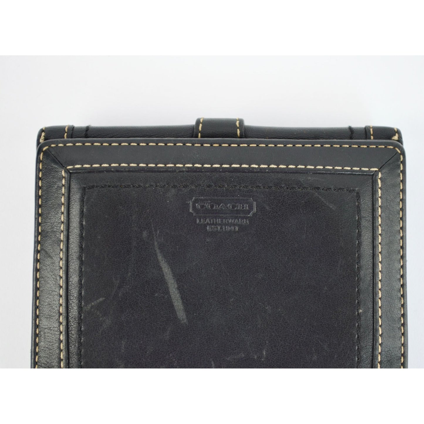 Coach Vintage Black Leather Bifold Wallet Visible Stitching Nickel Hardware Soho Y2K
