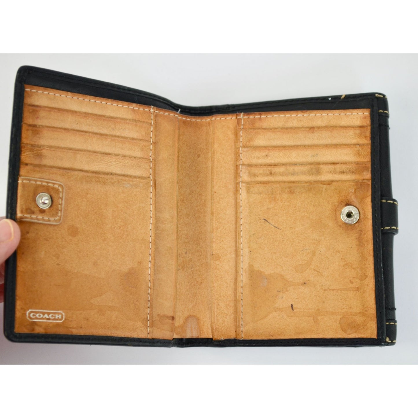 Coach Vintage Black Leather Bifold Wallet Visible Stitching Nickel Hardware Soho Y2K