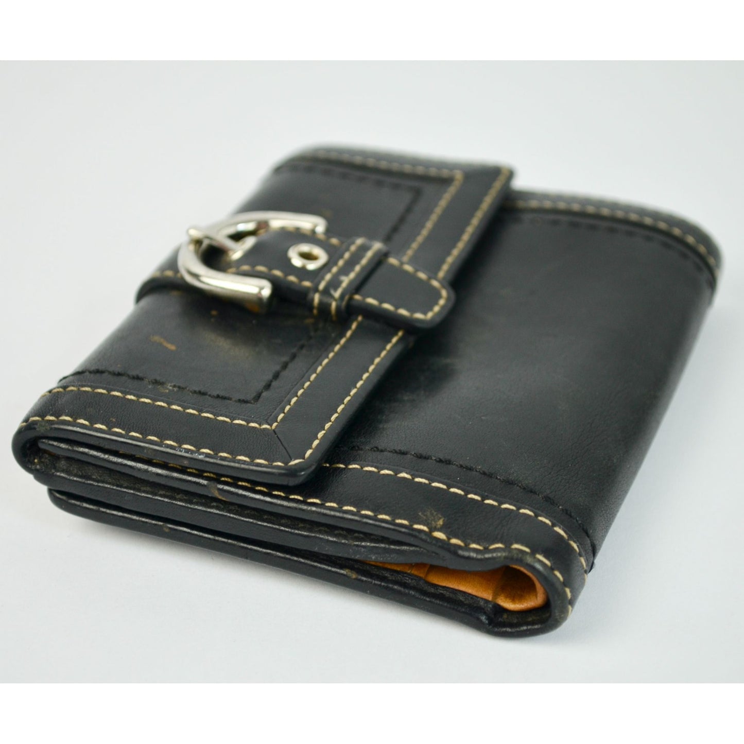 Coach Vintage Black Leather Bifold Wallet Visible Stitching Nickel Hardware Soho Y2K