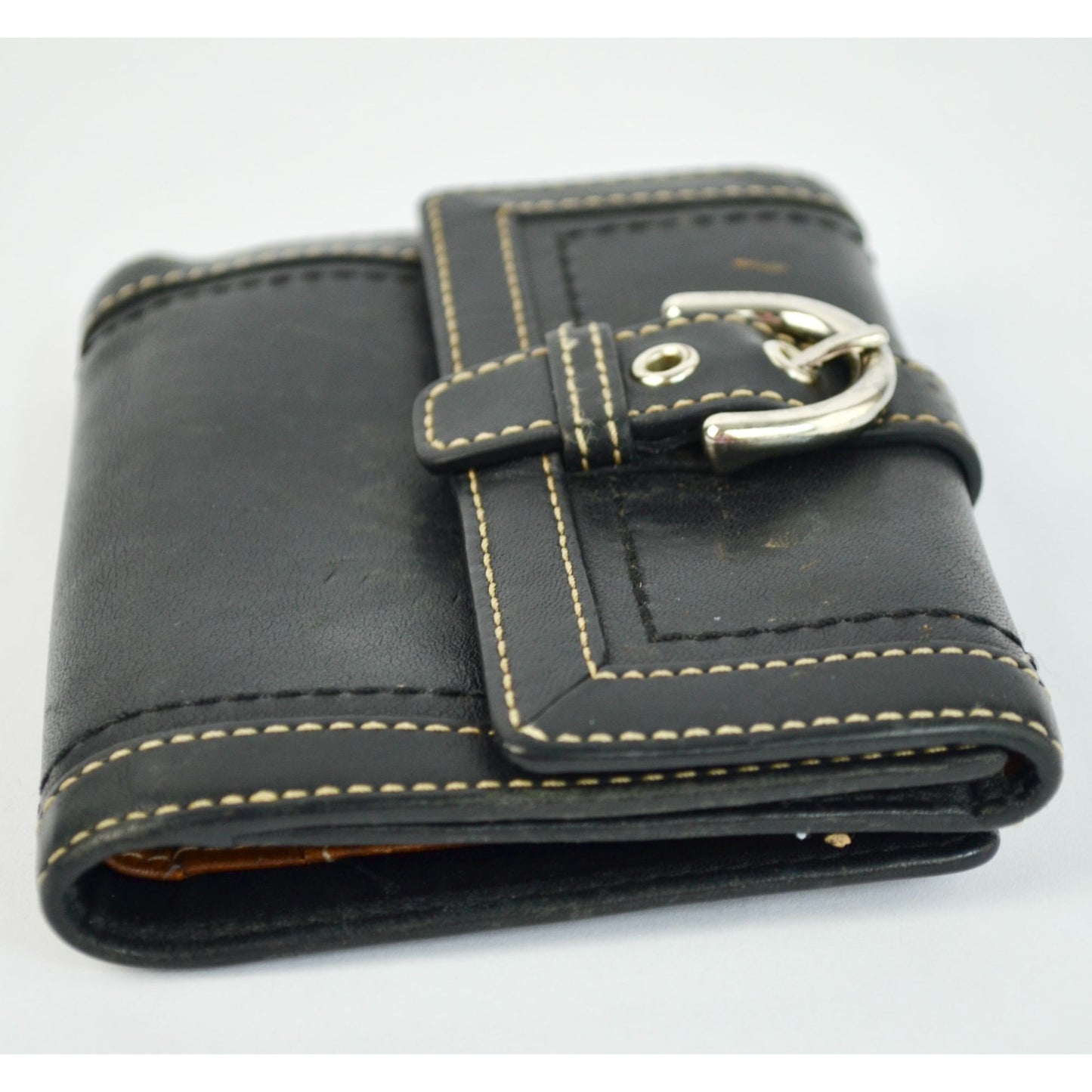 Coach Vintage Black Leather Bifold Wallet Visible Stitching Nickel Hardware Soho Y2K
