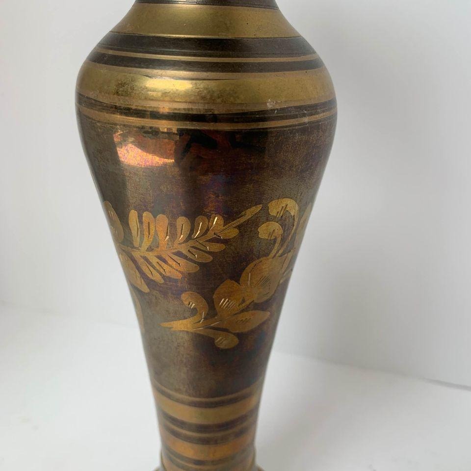 Vintage Etched Brass Tall Vase