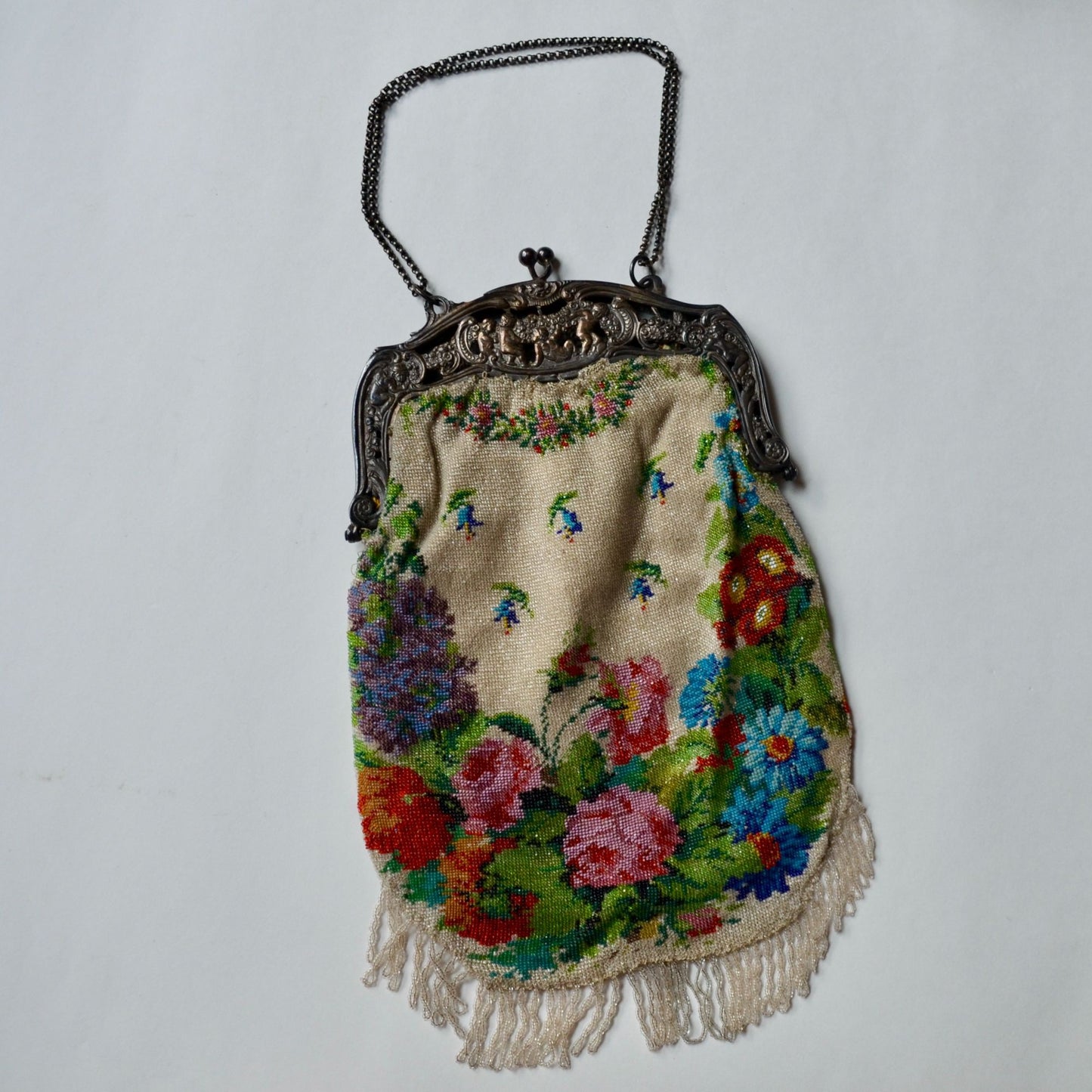 Antique Edwardian Glass Bead Flower Roses Purse Silver Cherub Frame Czech?