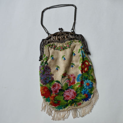 Antique Edwardian Glass Bead Flower Roses Purse Silver Cherub Frame Czech?