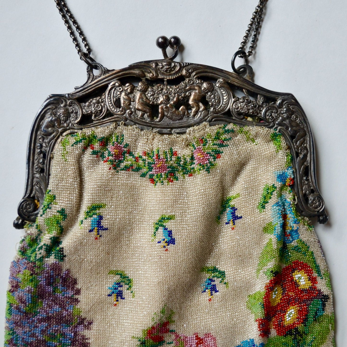 Antique Edwardian Glass Bead Flower Roses Purse Silver Cherub Frame Czech?