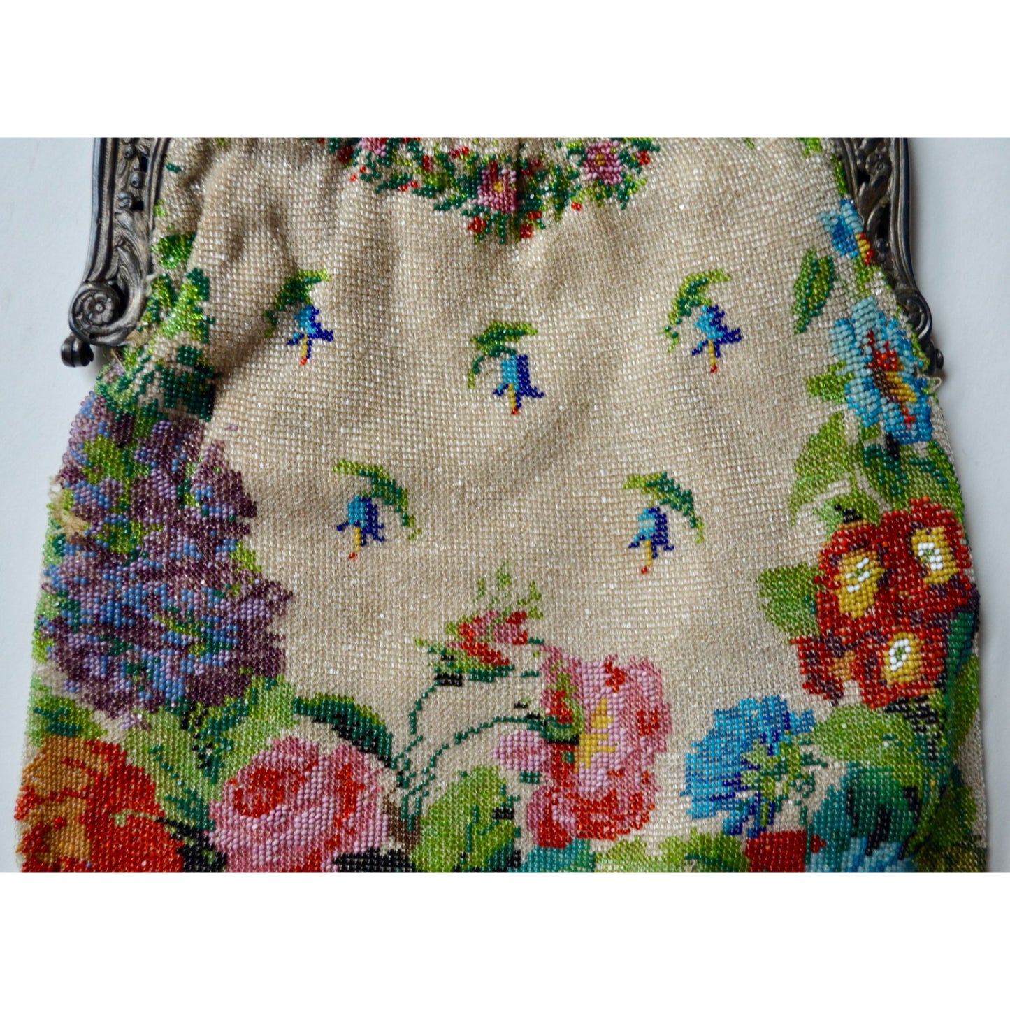 Antique Edwardian Glass Bead Flower Roses Purse Silver Cherub Frame Czech?