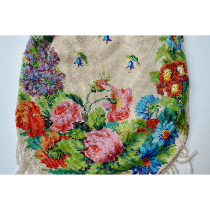 Antique Edwardian Glass Bead Flower Roses Purse Silver Cherub Frame Czech?