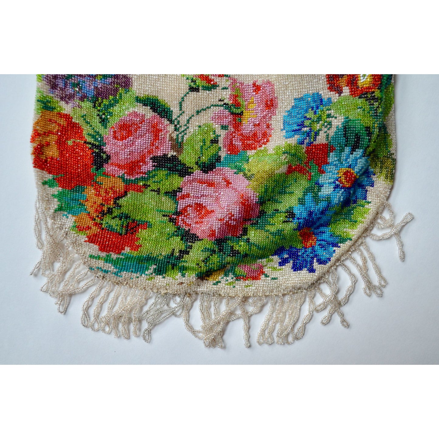 Antique Edwardian Glass Bead Flower Roses Purse Silver Cherub Frame Czech?