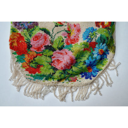 Antique Edwardian Glass Bead Flower Roses Purse Silver Cherub Frame Czech?