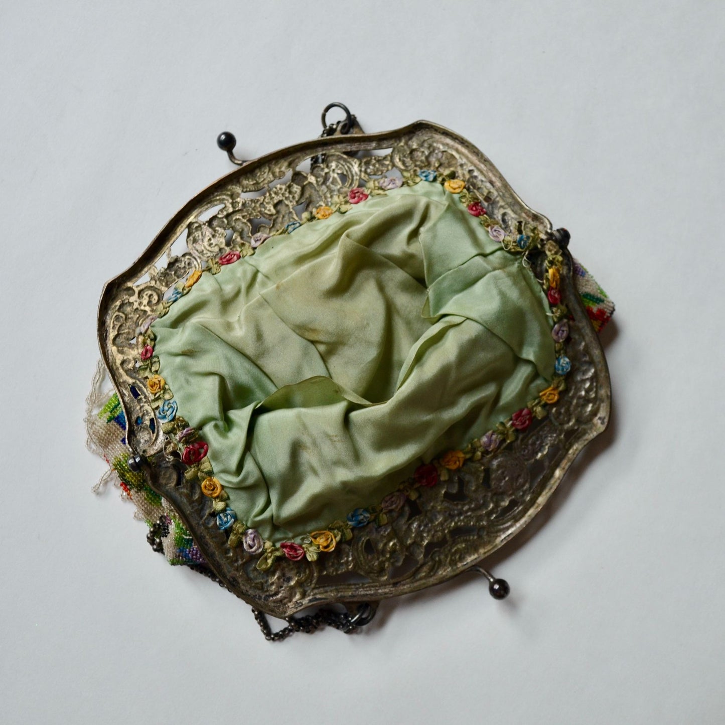 Antique Edwardian Glass Bead Flower Roses Purse Silver Cherub Frame Czech?