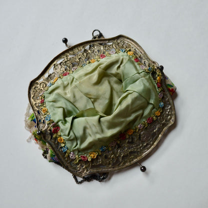 Antique Edwardian Glass Bead Flower Roses Purse Silver Cherub Frame Czech?