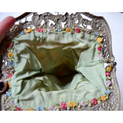 Antique Edwardian Glass Bead Flower Roses Purse Silver Cherub Frame Czech?