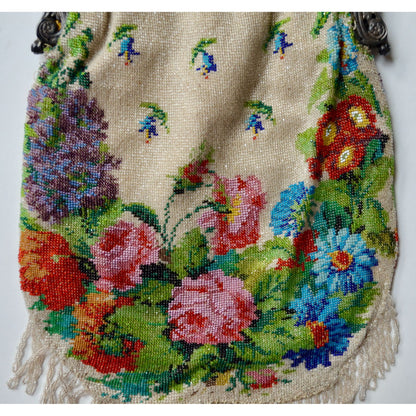 Antique Edwardian Glass Bead Flower Roses Purse Silver Cherub Frame Czech?