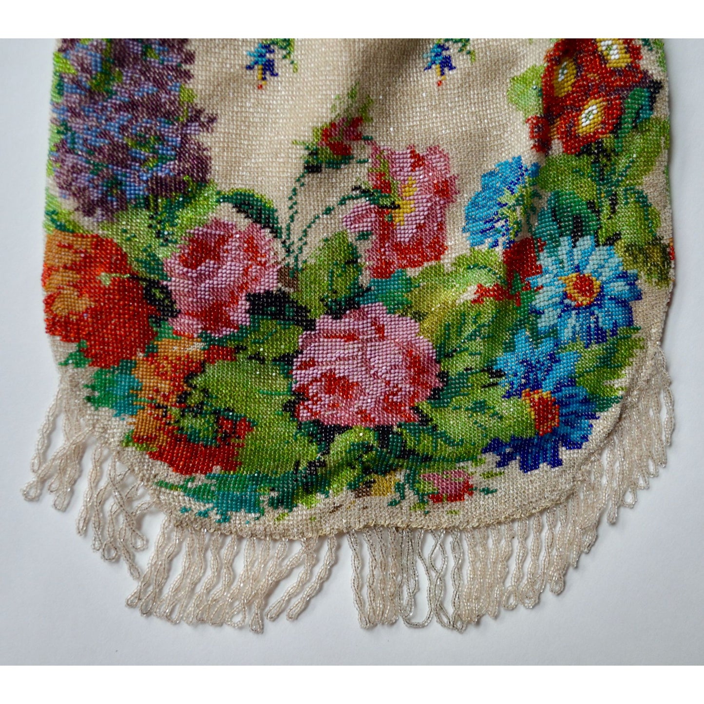 Antique Edwardian Glass Bead Flower Roses Purse Silver Cherub Frame Czech?