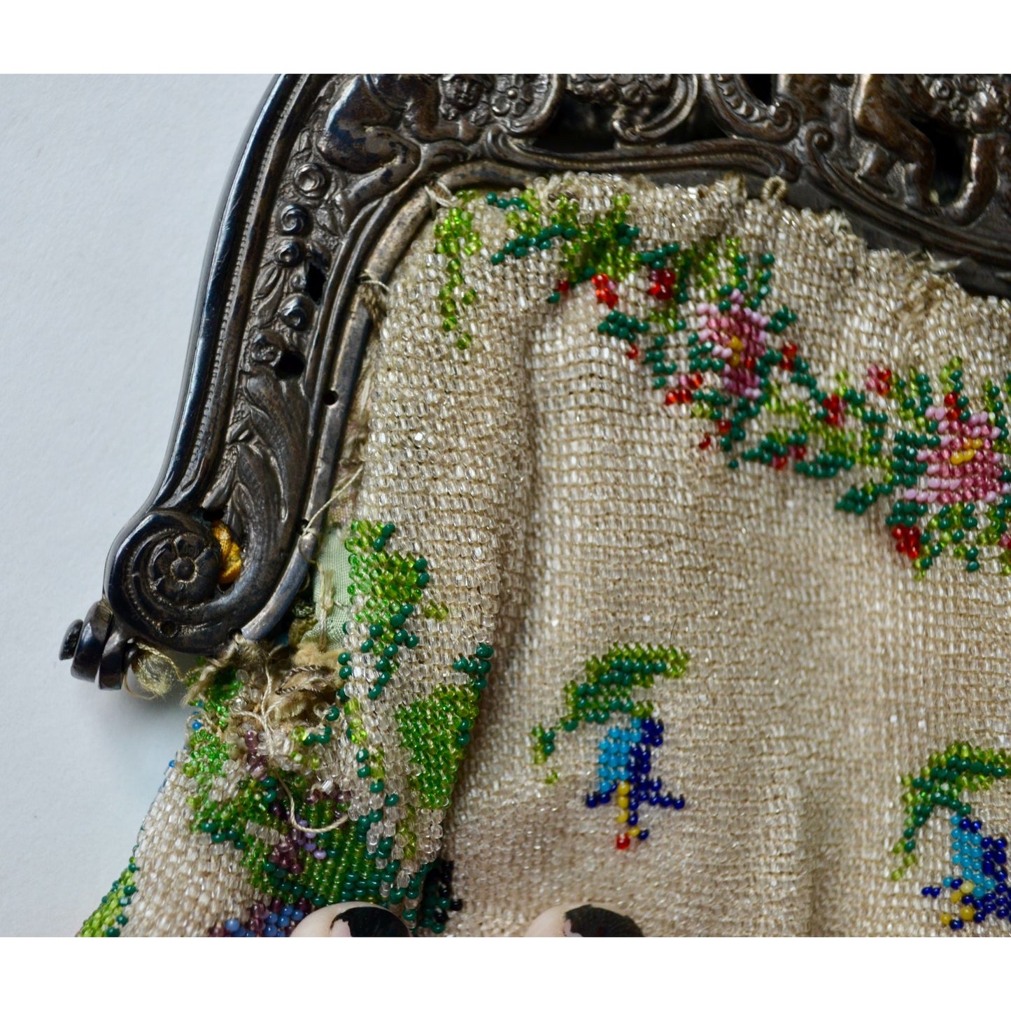 Antique Edwardian Glass Bead Flower Roses Purse Silver Cherub Frame Czech?