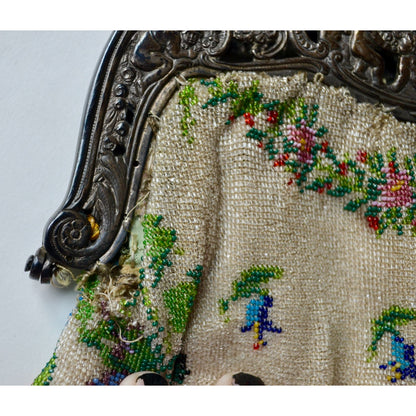 Antique Edwardian Glass Bead Flower Roses Purse Silver Cherub Frame Czech?