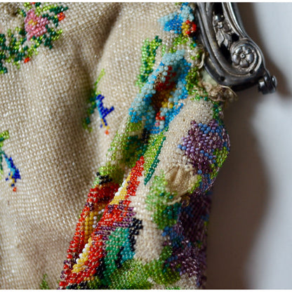 Antique Edwardian Glass Bead Flower Roses Purse Silver Cherub Frame Czech?