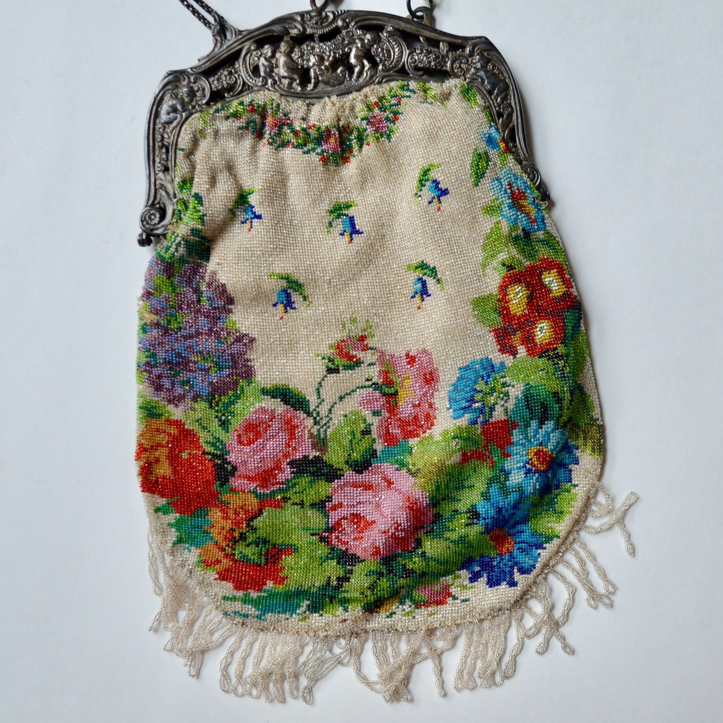 Antique Edwardian Glass Bead Flower Roses Purse Silver Cherub Frame Czech?