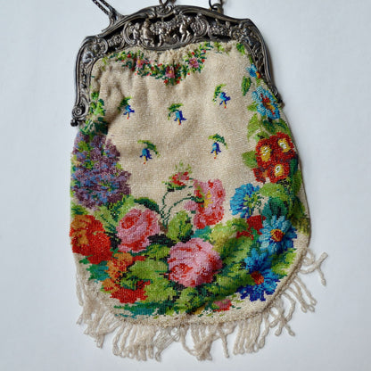 Antique Edwardian Glass Bead Flower Roses Purse Silver Cherub Frame Czech?
