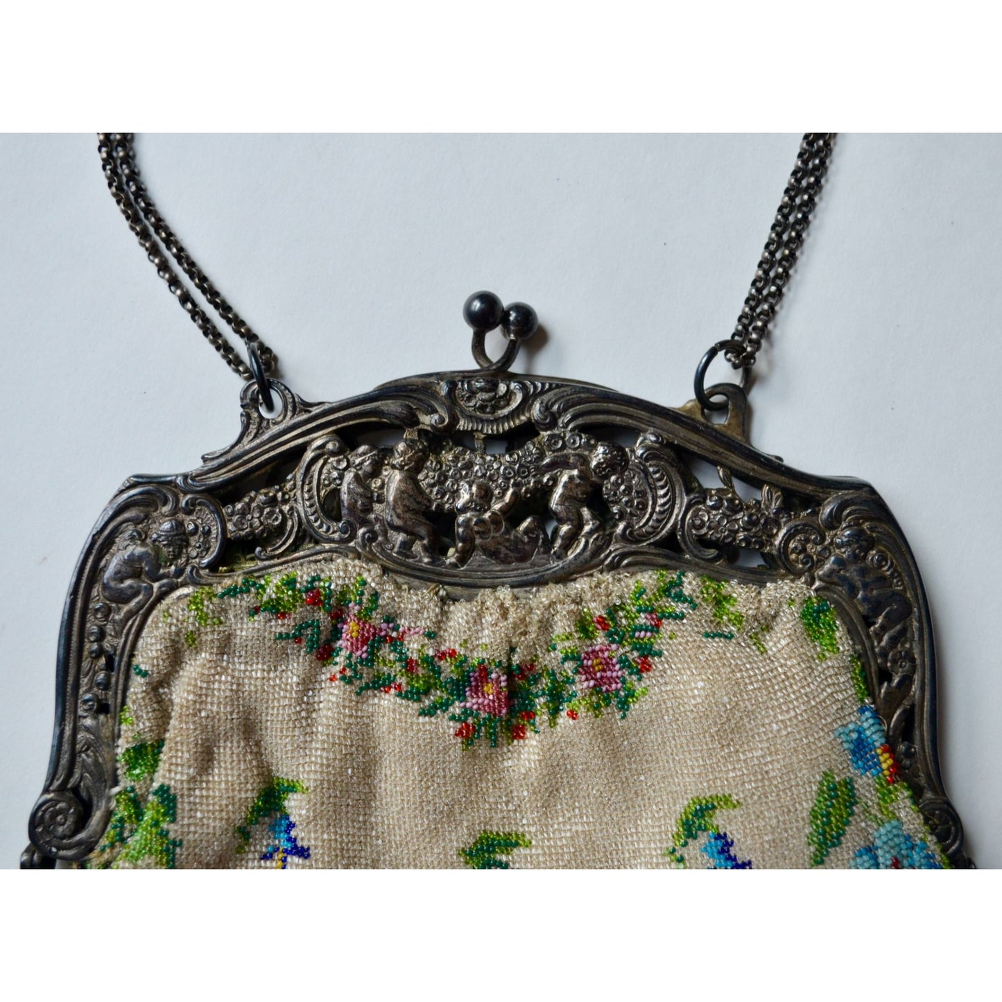 Antique Edwardian Glass Bead Flower Roses Purse Silver Cherub Frame Czech?