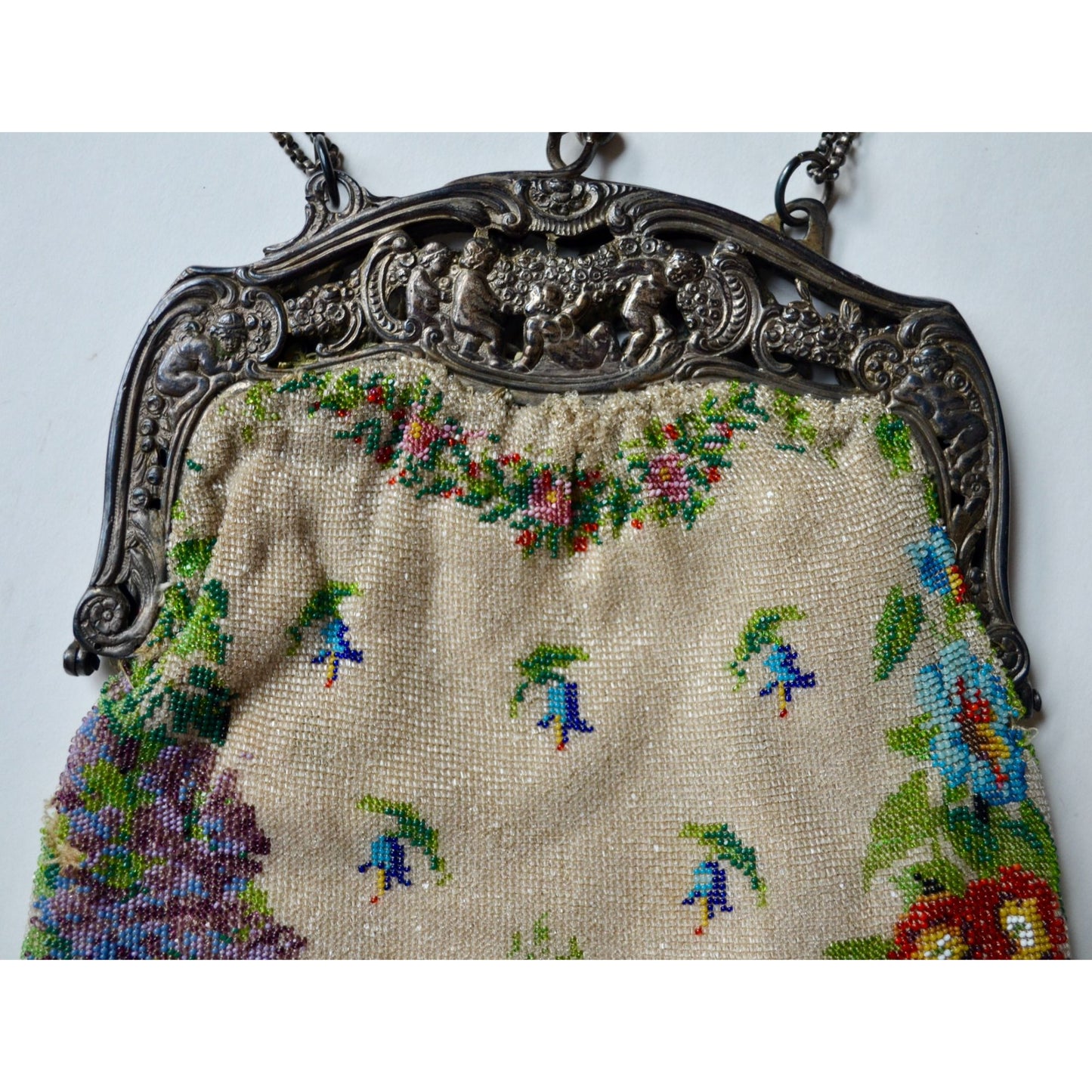 Antique Edwardian Glass Bead Flower Roses Purse Silver Cherub Frame Czech?