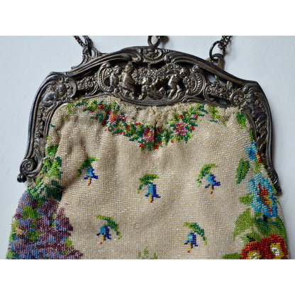 Antique Edwardian Glass Bead Flower Roses Purse Silver Cherub Frame Czech?