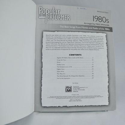 Popular Performer Series 1980s Best Songs Movies Radio Mike Springer Piano Book