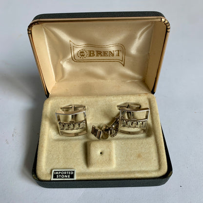 Brent Vintage Imported Stone Silver Cufflinks and Tie Clip In Box