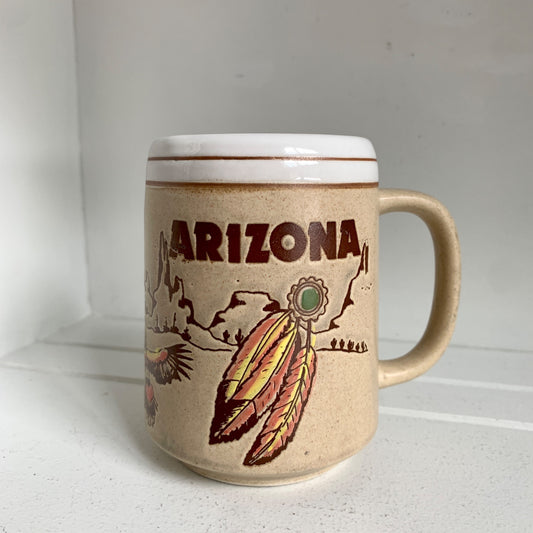 Vintage Arizona Brown Speckled Coffee Mug Roadrunner Cactus