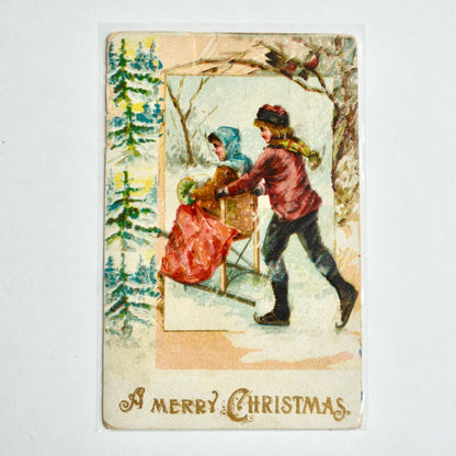 1909 Antique A Merry Christmas Postcard Boy Girl Skating Chair