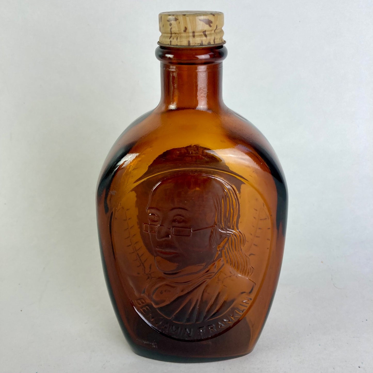 Vintage Log Cabin Buttered Syrup Ben Franklin Collector's Flask Glass Bottle